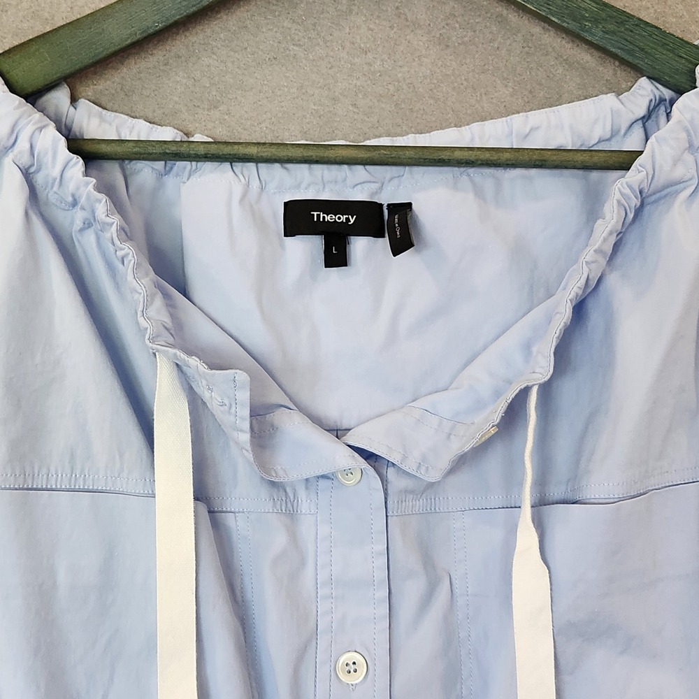 Theory Velvela Utility Blouse Top Womens L‎ Blue Drawstring Button Up - Picture 5 of 13